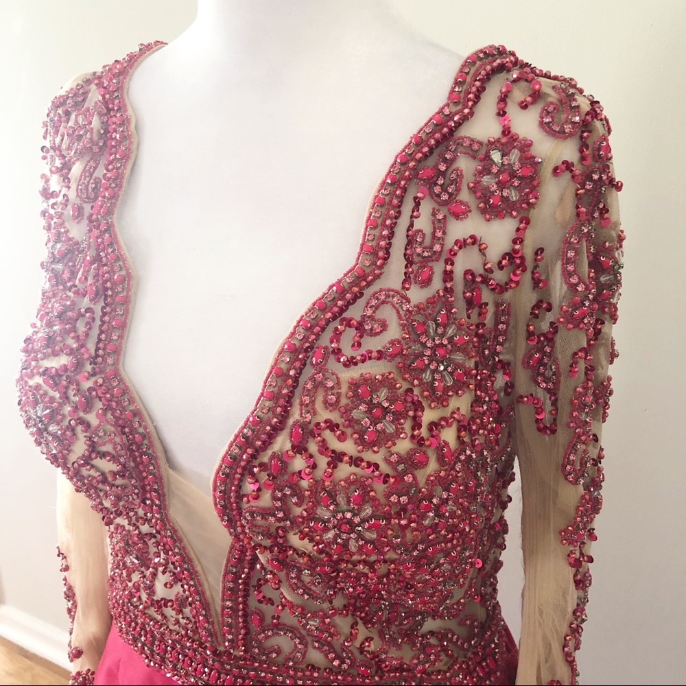 Jovani Pink Red Jeweled Long Sleeve Mermaid Dress 14 Formal Pageant Prom 46708 - Picture 4 of 13